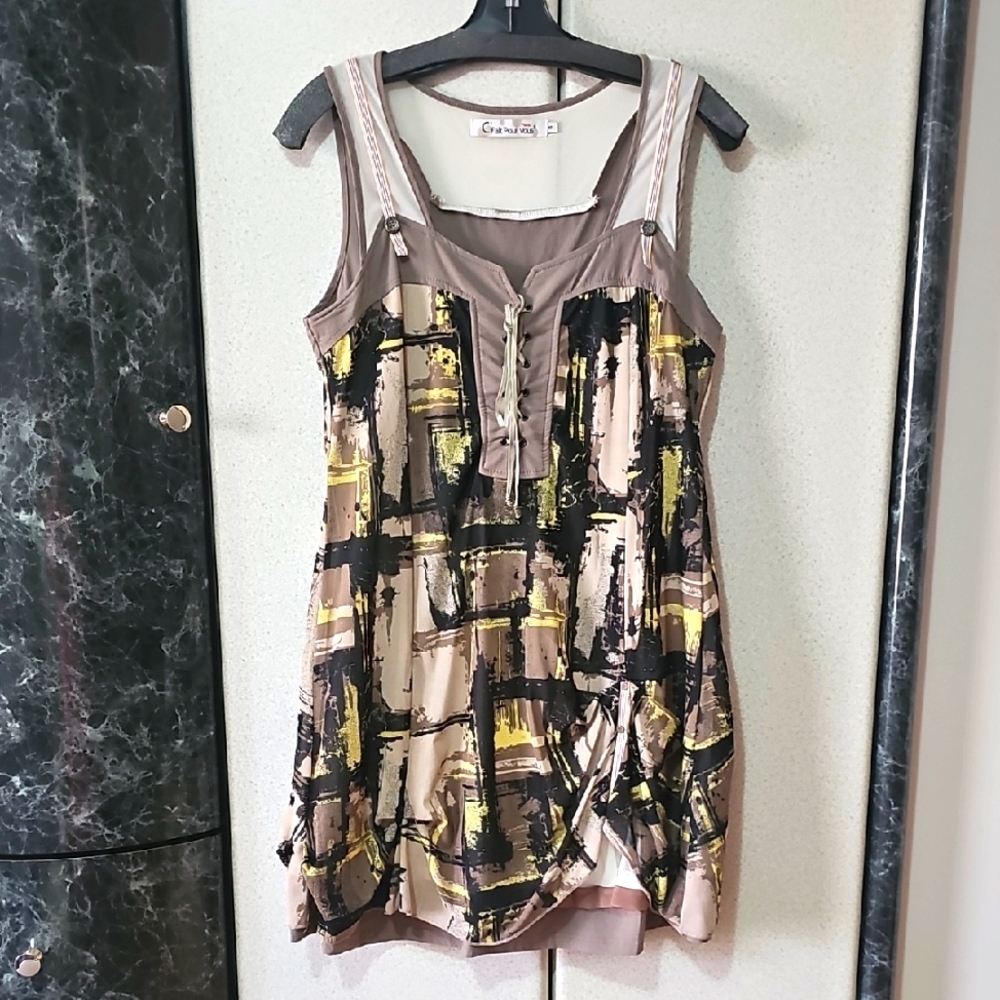 C'Fait Pour Vous Abstract Print Tunic - Brown and Yellow, size L (EU4)